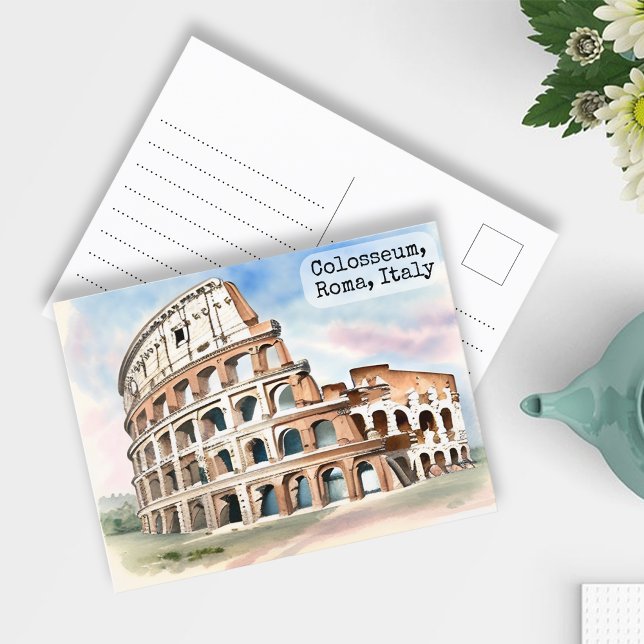 Cartão Postal Roma, Itália Colosseum Vintage Watercolor Viagem (Criador carregado)