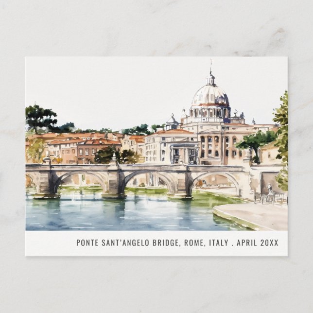 Cartão Postal Roma Itália Tiber River Watercolor Viagem italiano (Frente)
