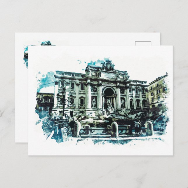 Cartão Postal ROMA Itália Trevi — Fonte de aquarela (Frente/Verso)
