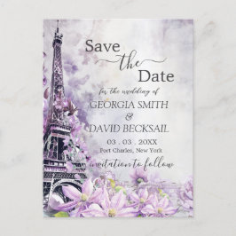 Cartão Postal Romance da Lavanda da torre Eiffel Salve a data