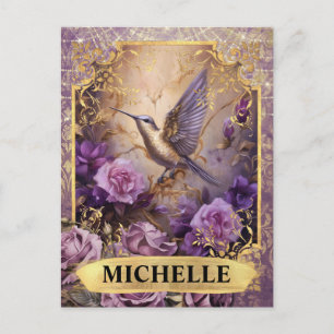 Cartão Postal Romanichel Roxo Hummingbird e Rosas Fantasia