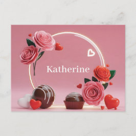 Cartão Postal Romantic Circular Glass Frame with Roses and Name