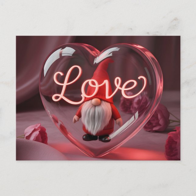 Cartão Postal Romantic Gnome in Heart Display with Neon "Love" (Frente)