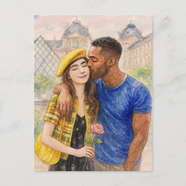 Cartão Postal Romantic Love Paris Man Woman Watercolor Postcard (Frente)