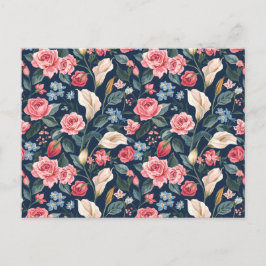 Cartão Postal Romantic Navy Blue Floral Garden Pattern