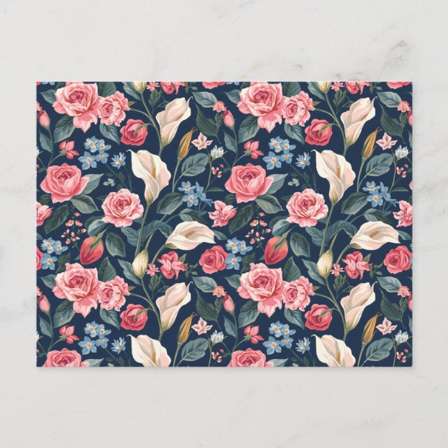 Cartão Postal Romantic Navy Blue Floral Garden Pattern (Frente)