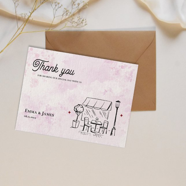 Cartão Postal Romantic Pink Café Illustration Wedding Thank You (Romantic Pink Café Illustration Wedding Thank You Postcard)