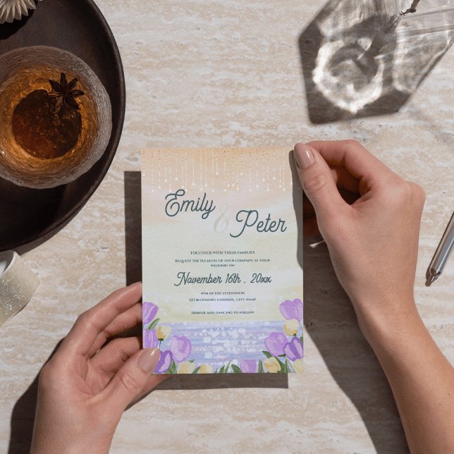 Cartão Postal Romantic Purple Floral Beach Sunset Wedding Invite (Romantic Purple Floral Beach Sunset Wedding Invite)