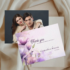 Cartão Postal Romantic Purple Floral Photo Wedding Thank You