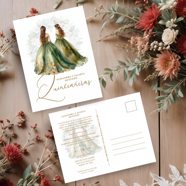 Cartão Postal Romantic Spanish Quinceañeras Twins in Green Brown (omantic Spanish Quinceañeras Twins in Green and Brown Shades Postcards Invitations Cards.)
