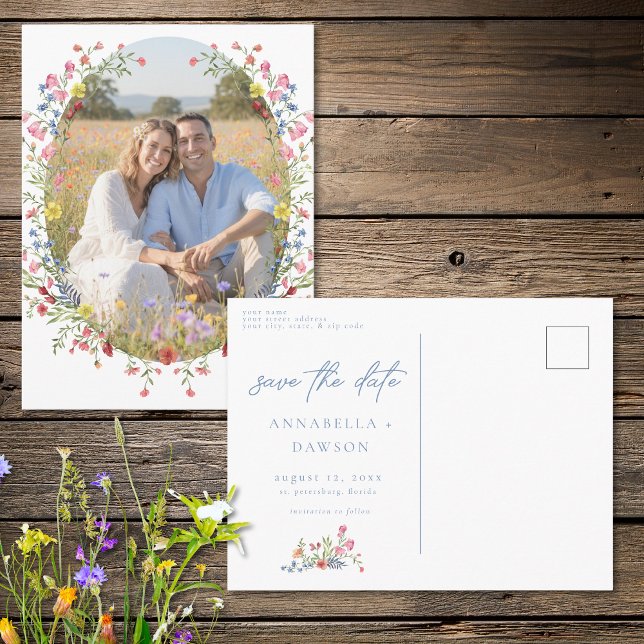 Cartão Postal Romantic Spring Wildflower Garden Photo Save Date (Romantic Spring Wildflower Garden Photo Save Date Postcard)