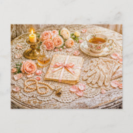 Cartão Postal Romantic Vintage Still Life with Tea, Roses and Le