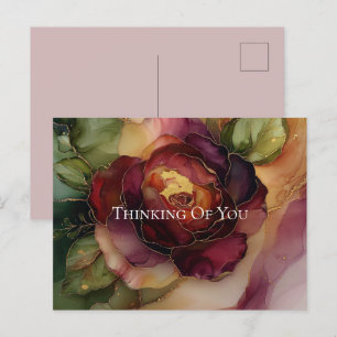 Cartão Postal Romântica Rosa Carmesim Ouro Floral 