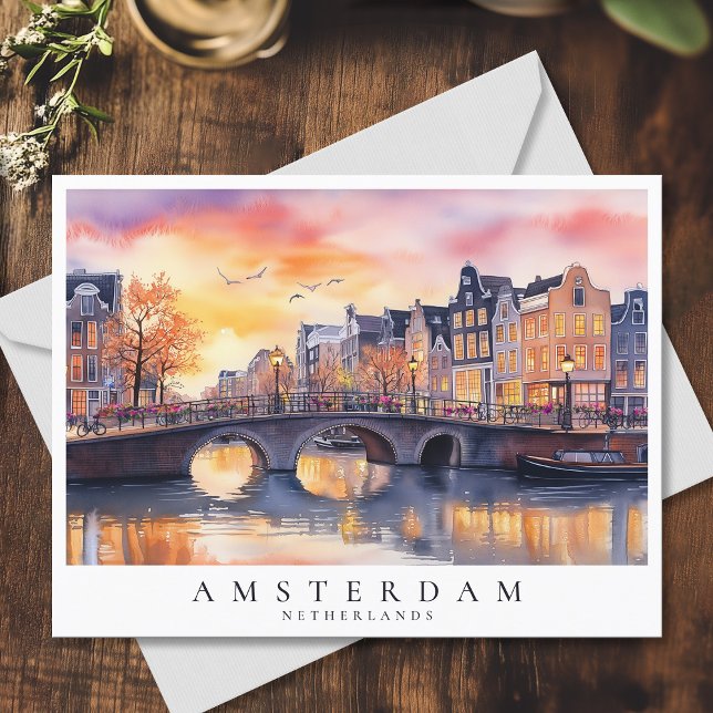 Cartão Postal Romântico Sunset Amsterdam Canal Watercolor Viagem (Romantic Sunset Amsterdam Canal Watercolor Travel Postcard)