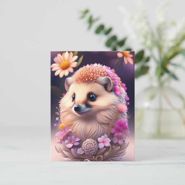 Cartão Postal Romantik Igel mit Blumen (Em pé/Frente)