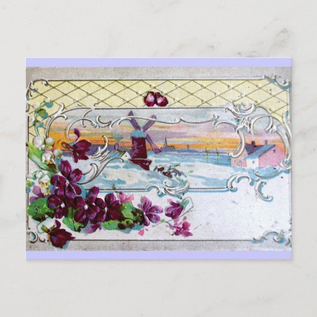 CARTÃO POSTAL ROMÊNTICA /WINDMILL NA NEVE, PÂNSIAS, NEVES (Frente)