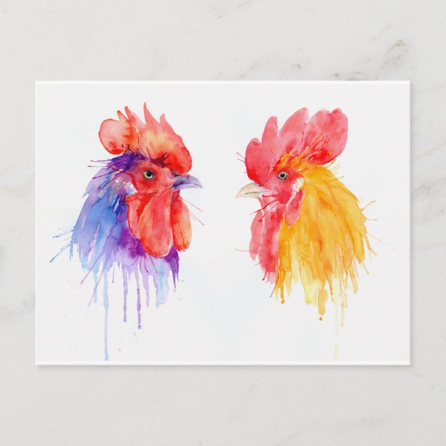 Cartão Postal Rooster de aquarela Retrato dois galos (Frente)