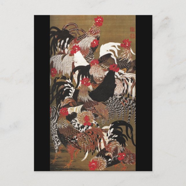 Cartão Postal Roosters Jakuchu - Belas Artes Japonesas (Frente)