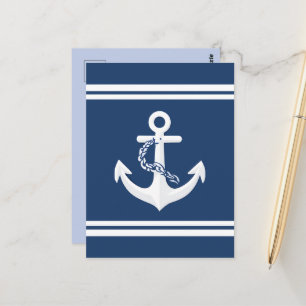 Cartão Postal Rope & Âncora Símbolo Náutico Branco Azul Marinho