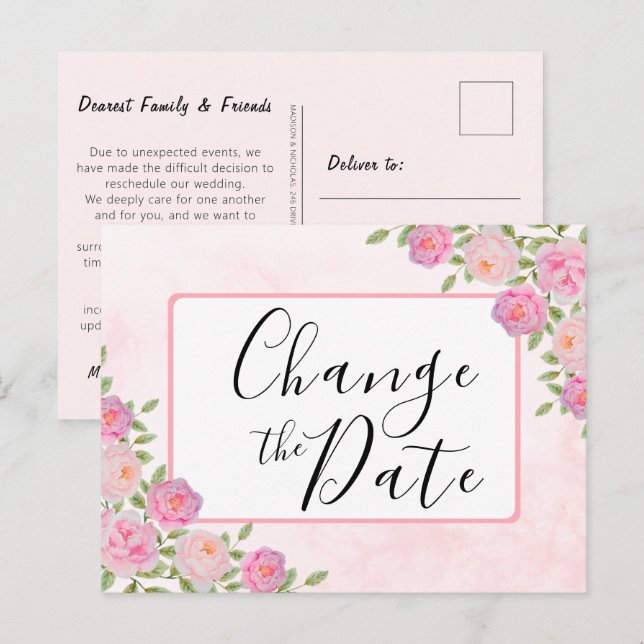 Cartão Postal Rosa Alterar a Data Adiada Anúncio de Evento (Frente/Verso)