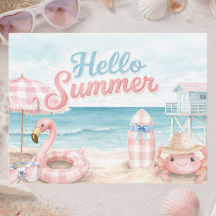 Cartão Postal Rosa Azul Xadrez Olá Verão Praia Costeira