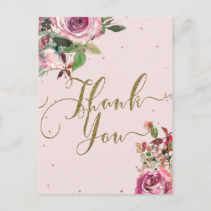 Cartão Postal Rosa Bege Rosa Dourado Floral Moderno Obrigado