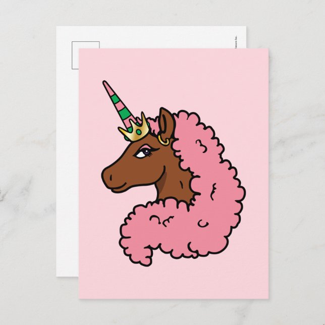 Cartão Postal Rosa claro Afro Unicorn (Frente/Verso)