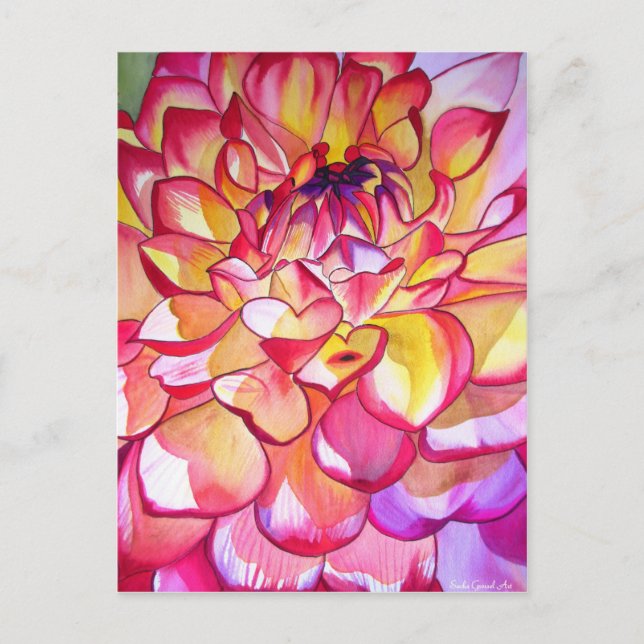 Cartão Postal Rosa Dahlia flor aquarela (Frente)