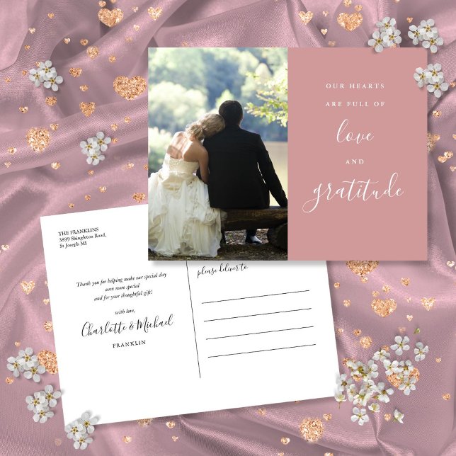 Cartão Postal Rosa Desbotada Script Foto Casamento Agradecimento (Dusty Rose Script Photo Wedding Thank You Postcard)