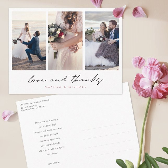 Cartão Postal Rosa Dourado Casamento de Colagem Multifotográfica (Criador carregado)