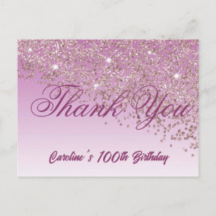 Cartão Postal Rosa Dourado Glitter, 100º Aniversário Obrigado