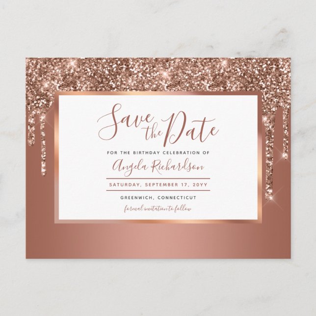 Cartão Postal Rosa Dourado Sparkle Glitter Drives Salve a Data (Frente)