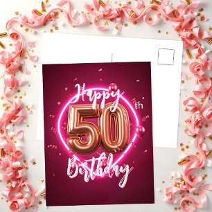 Cartão Postal Rosa Dourado Vibrante e Neon Rosa Aniversário de 5