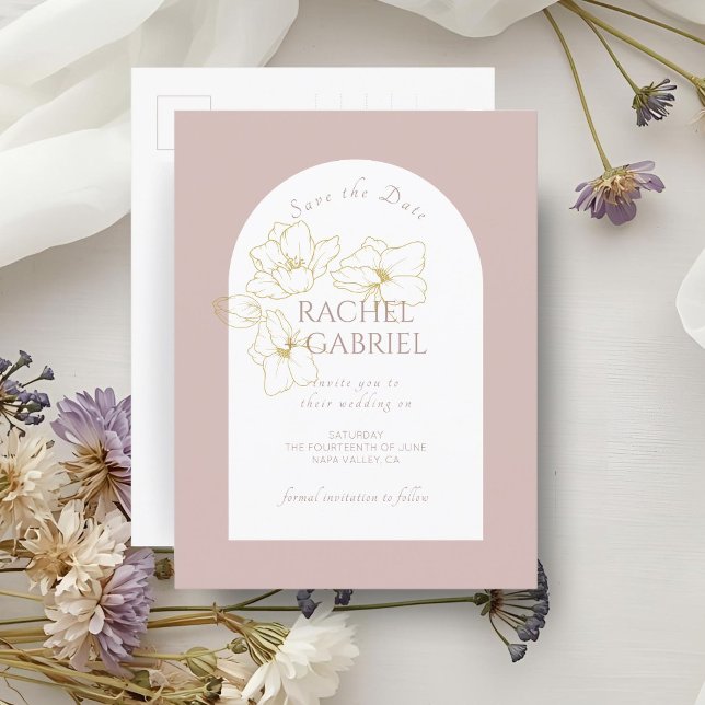 Cartão Postal Rosa Empoeirado | Casamento Floral Dourado Arco Bo (Criador carregado)
