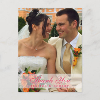 Cartão Postal rosa fosco foto de casamento rosa agradecido nota