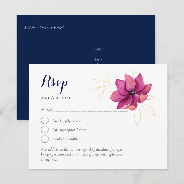 Cartão Postal Rosa Fúcsia Dourado Azul Marinho Casamento RSVP (Frente/Verso)