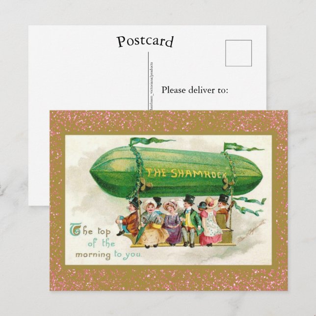 Cartão Postal Rosa irlandês Zeppelin Dia de São Patrício Dourada (Frente/Verso)