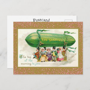 Cartão Postal Rosa irlandês Zeppelin Dia de São Patrício Dourada