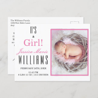 Cartão Postal Rosa Moderno é uma Garota! Anúncio de Nascimento d