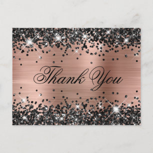 Cartão Postal Rosa Ouro Preto Glitter Folha Fancy Obrigado