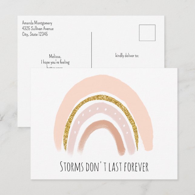 Cartão Postal Rosa Pastel e Arco-íris Boho com Brilho Falso para (Frente/Verso)