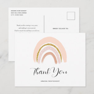 Cartão Postal Rosa Pastel e Arco-íris Boho Glitter Obrigado