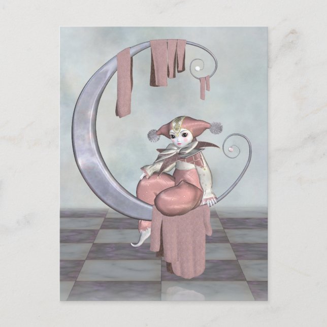 Cartão Postal Rosa Pierrot Palhaçada Boneca numa Lua de Prata (Frente)