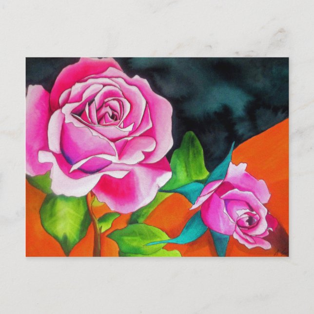 Cartão Postal Rosa rosa com arte de aquarela laranja (Frente)