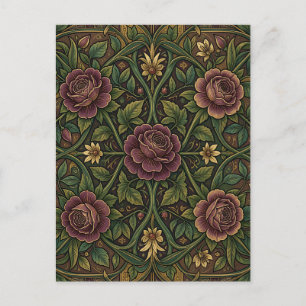 Cartão Postal Rosa Roxa Ornamentada no Estilo William Morris Flo