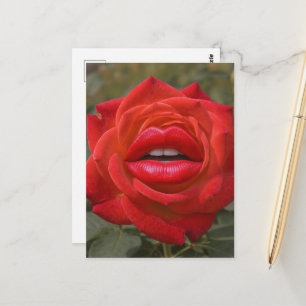 Cartão Postal Rosa Vermelha com Colagem de Lábios
