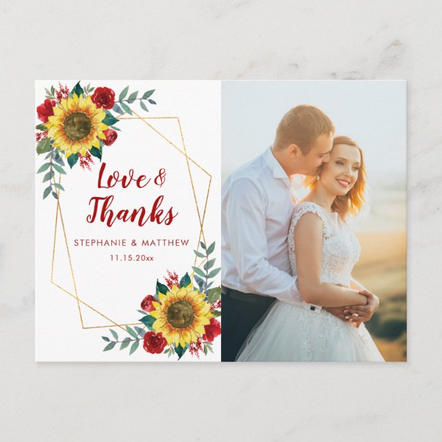 Cartão Postal Rosa vermelha de girassol Foto geométrica Obrigado (Frente)