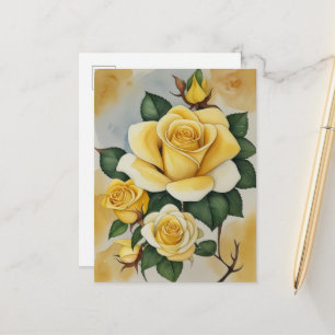 Cartão Postal Rosas Amarelas de Aquarela Elegante