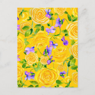 Cartão Postal Rosas Amarelas e Violetas Floral