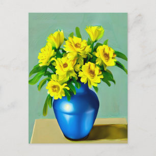 Cartão Postal Rosas Amarelas em Arte Azul Vase Boho